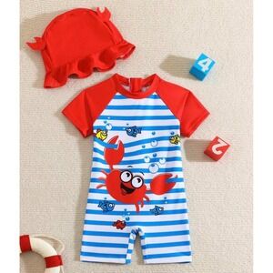 Boys Red Crab Striped One Piece Rash Guard Swimsuit and Sun Hat Set Blue White